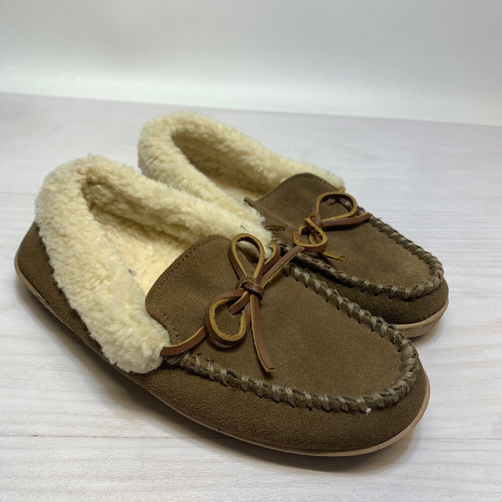 Clarks Suede Leather Moccasin Slippers Faux Sherpa Lined‎ Brown Women's Size 6 M